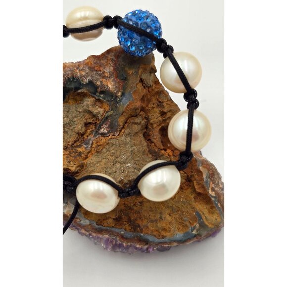 Freshwater 12mm Pearl Shamballa Bracelet Blue Austrian Crystals Adjustable - Picture 4 of 6